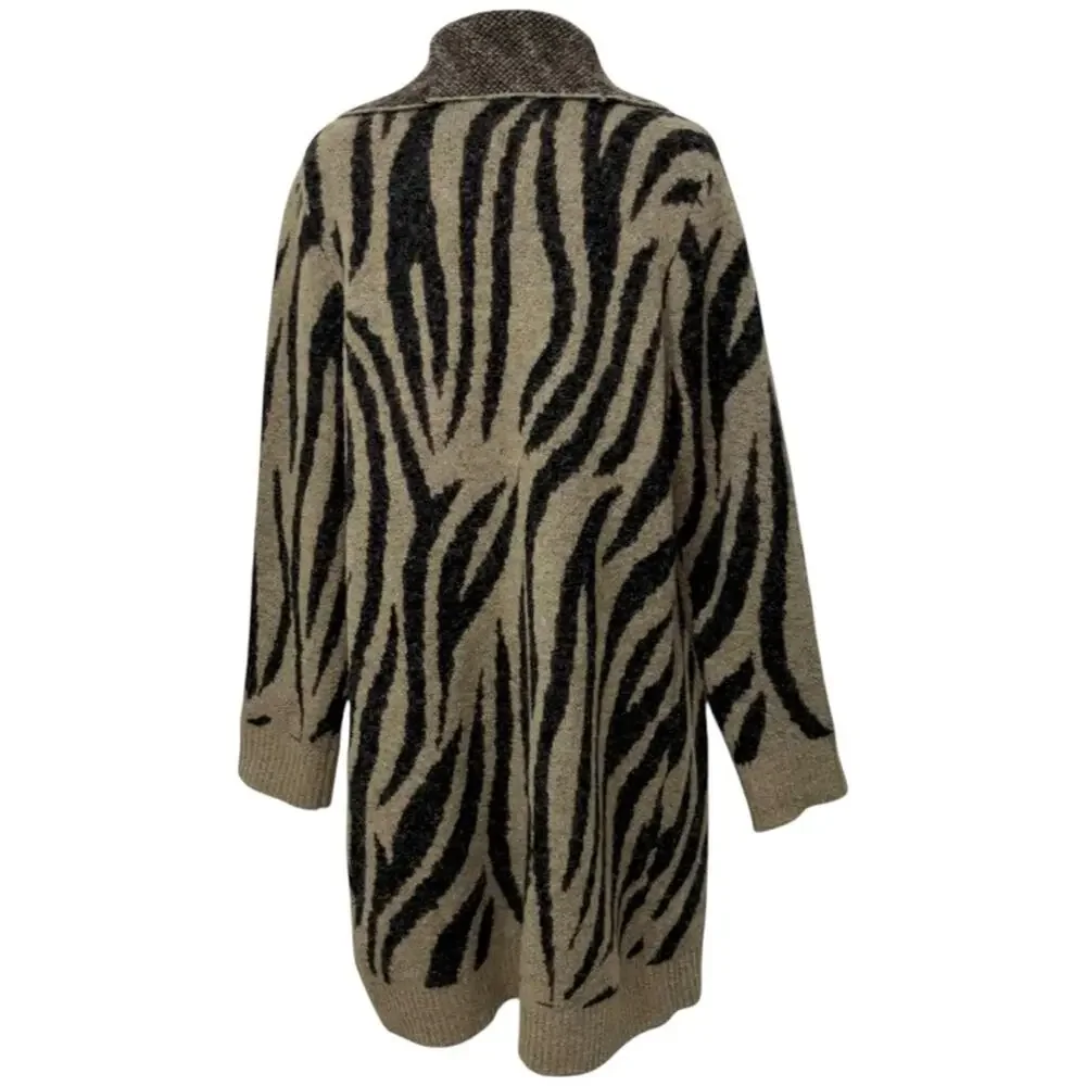 Cyrus Black and Tan Open Front Zebra Print Cardigan Size Large EUC